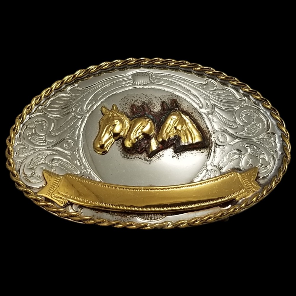 Western Belt Buckle German Silver Engraved Three Horses Gold Banner USA Made